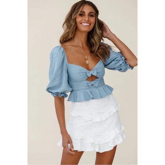 Selfie Leslie Tops - Selfie Leslie Light Blue Puff Sleeve Tie-Front Peplum Top